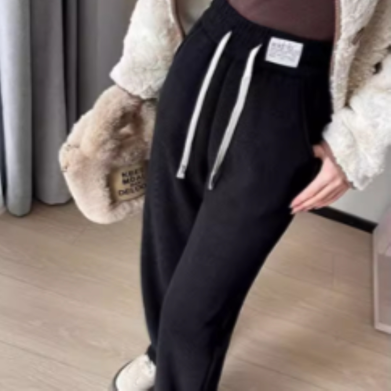 骨格ウェーブ 裏起毛 ウエストゴムワイドパンツ